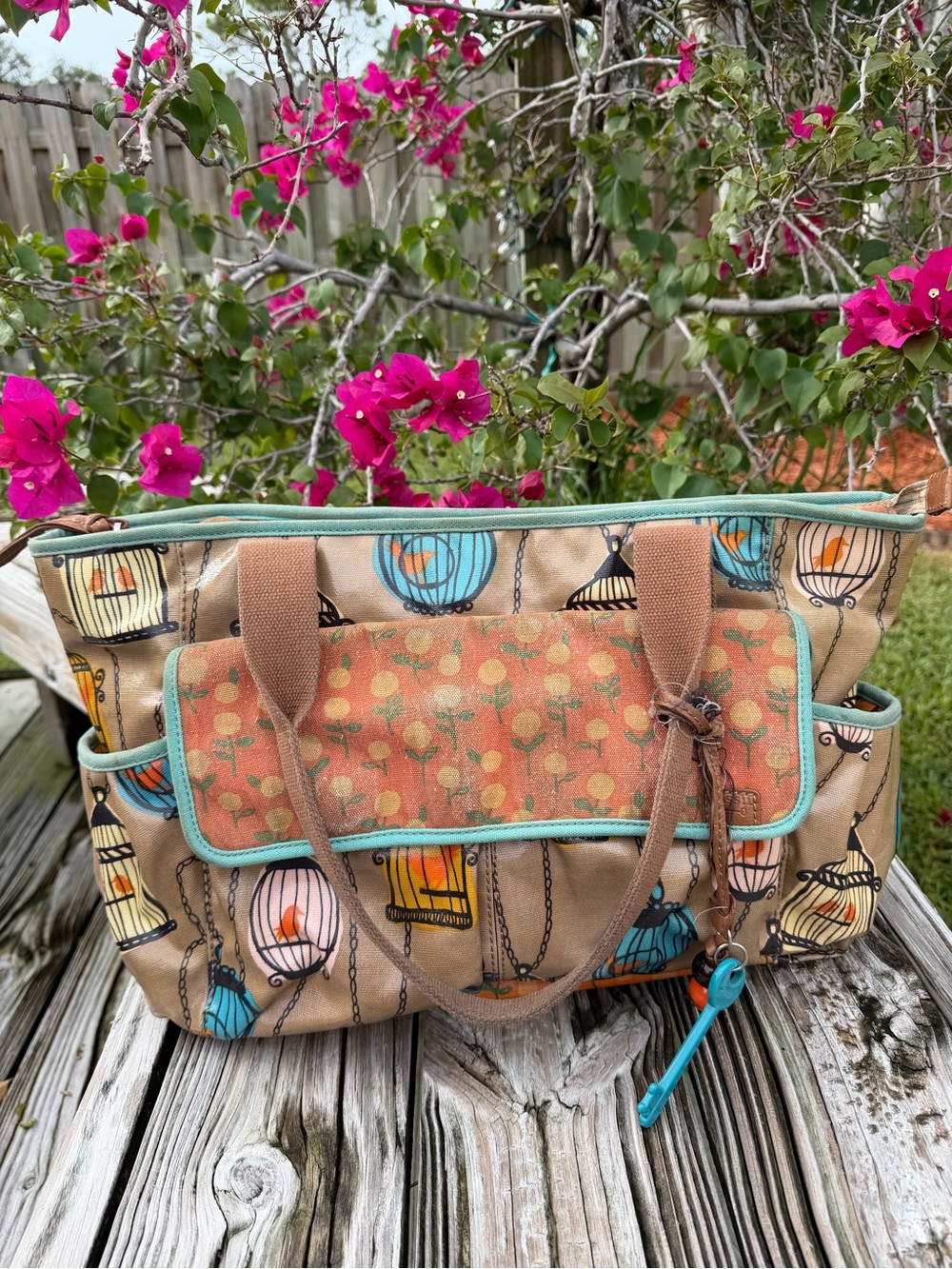 Canvas Birdcage Fossil Tote Bag with Floral Pocket - Beige Orange Teal Tote Read